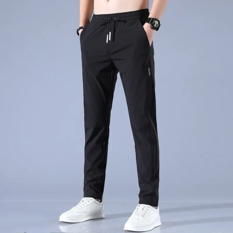 Buz ipek erkek pantolon 2023 yaz yeni siyah gri ince iş rahat pantolon açık elastik nefes düz bacak Sweatpants