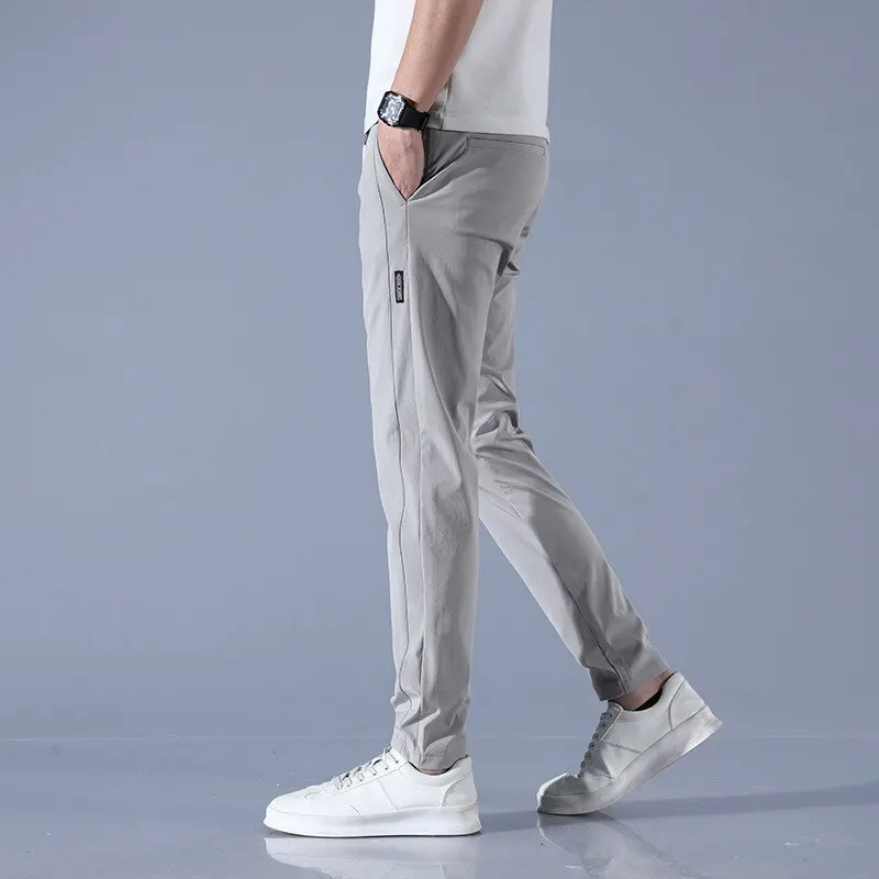 Buz ipek erkek pantolon 2023 yaz yeni siyah gri ince iş rahat pantolon açık elastik nefes düz bacak Sweatpants