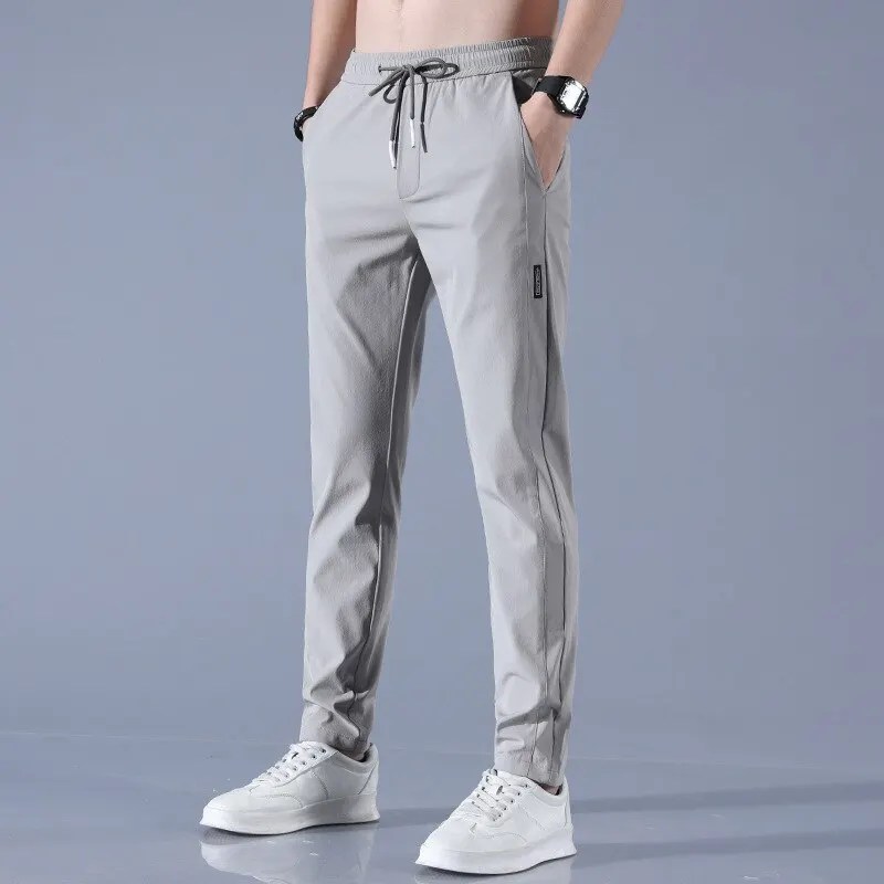 Buz ipek erkek pantolon 2023 yaz yeni siyah gri ince iş rahat pantolon açık elastik nefes düz bacak Sweatpants