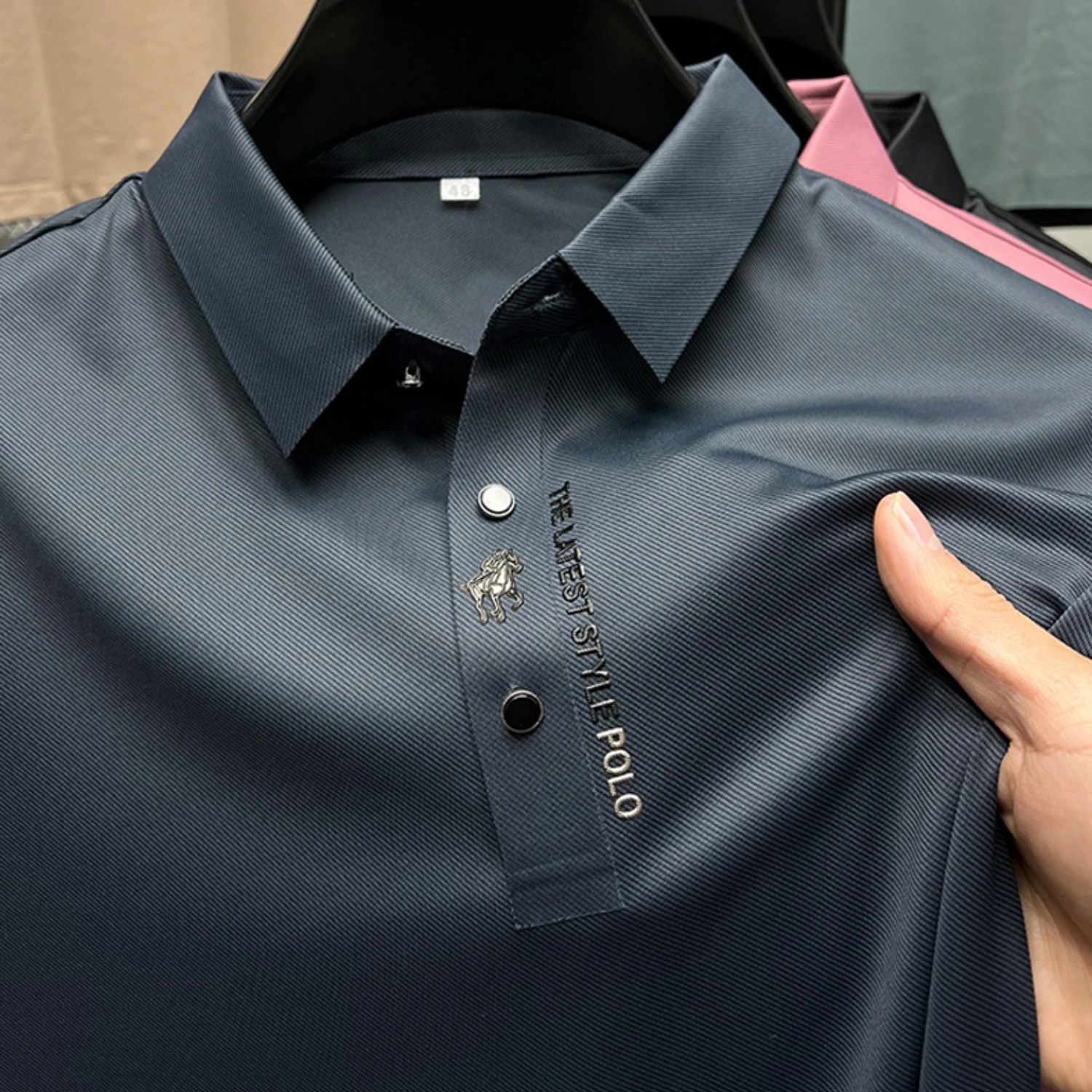 Buz ipek nakış Polo GÖMLEK 2024 yeni yaz yaka esneklik T-shirt kore moda kısa kollu iş rahat erkek giyim