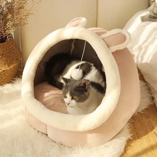 Cute Warm Cat's House Dogs Beds Kitten Nesk Pet Sleeping Mat Lounger for Cats Accessories Washable Removable Bed Cat Basket Cave - Görsel 10