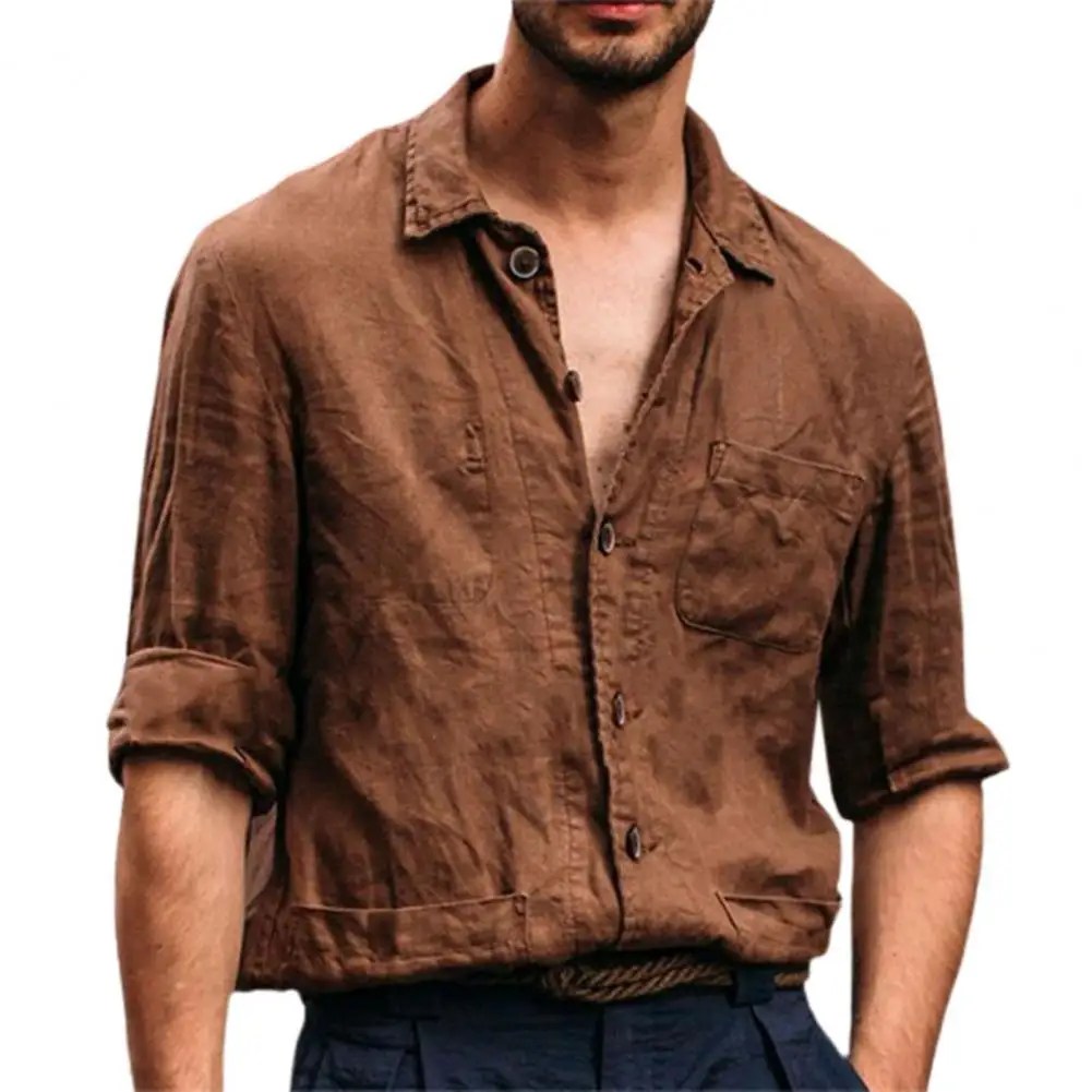 Düz renk erkek gömlek çok cepler artı boyutu standı yaka tek göğüslü keten pamuk moda uzun kollu erkekler için gömlek 2021