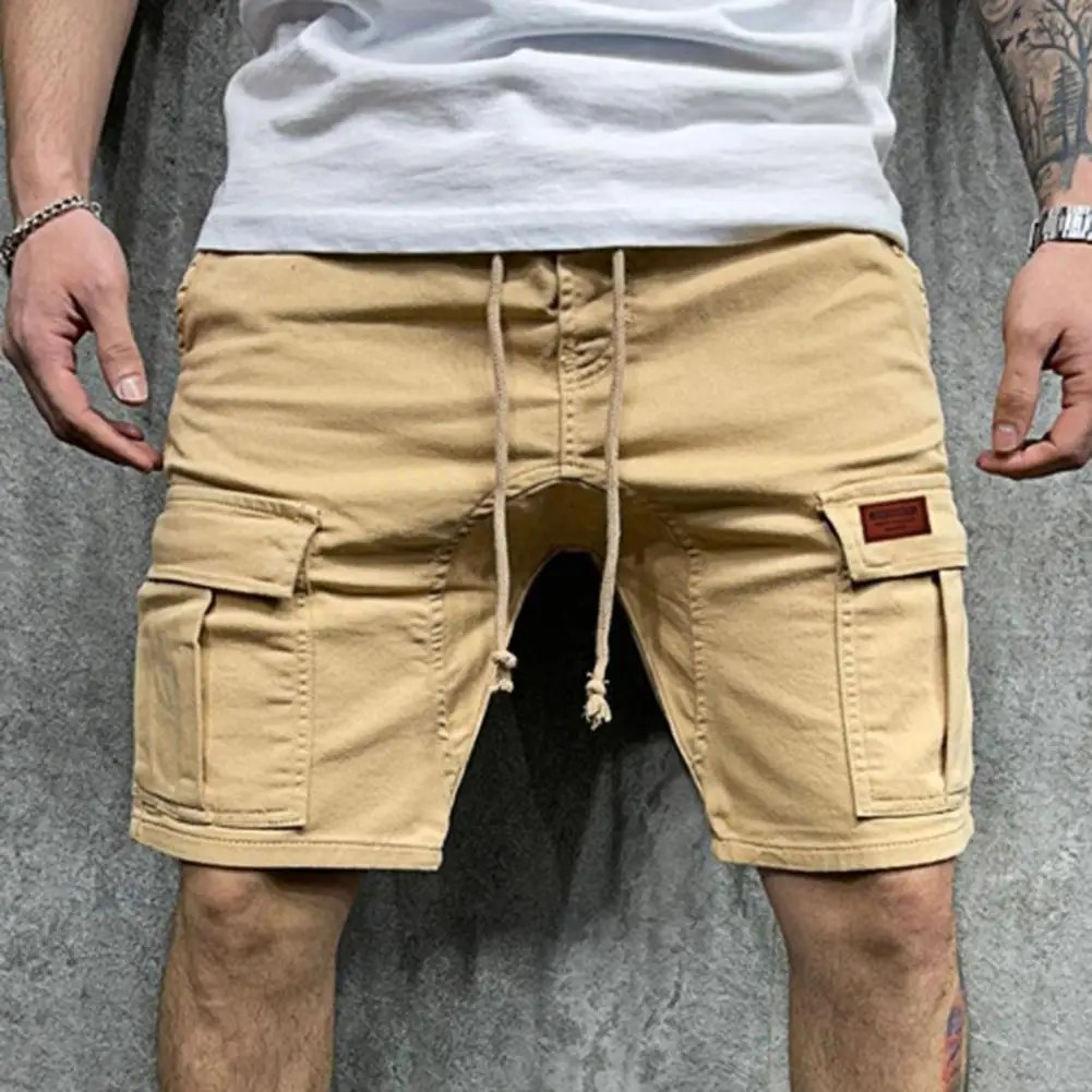 Düz renk kargo şort erkekler rahat şort yaz çok cepler Joggers şort erkek İpli diz boyu şort kısa homme