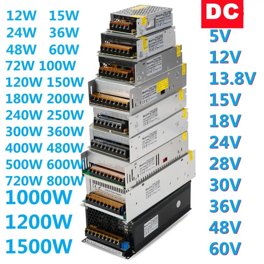 DC 5V 12V 24V 36V 48V 60V anahtarlama güç kaynağı 2A 3A 4A 5A 8A 10A 15A 20A 25A 30A 40A 50A 60A 100A trafo güç adaptörü