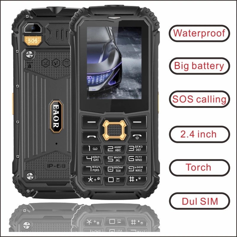 EAOR 2G GSM özelliği SOS IP68 sağlam su geçirmez toz geçirmez tuş takımı telefon çift SIM 2000mAh büyük pil telefon yan anahtar meşale