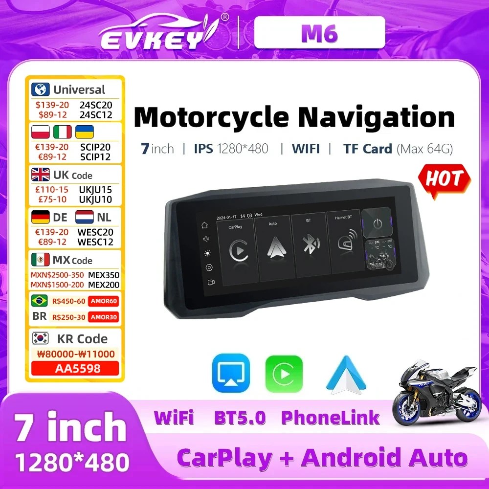 EKVEY 7 inç motosiklet CarPlay navigasyon kablosuz CarPlay Android otomatik Airplay ekran taşınabilir motosiklet monitör