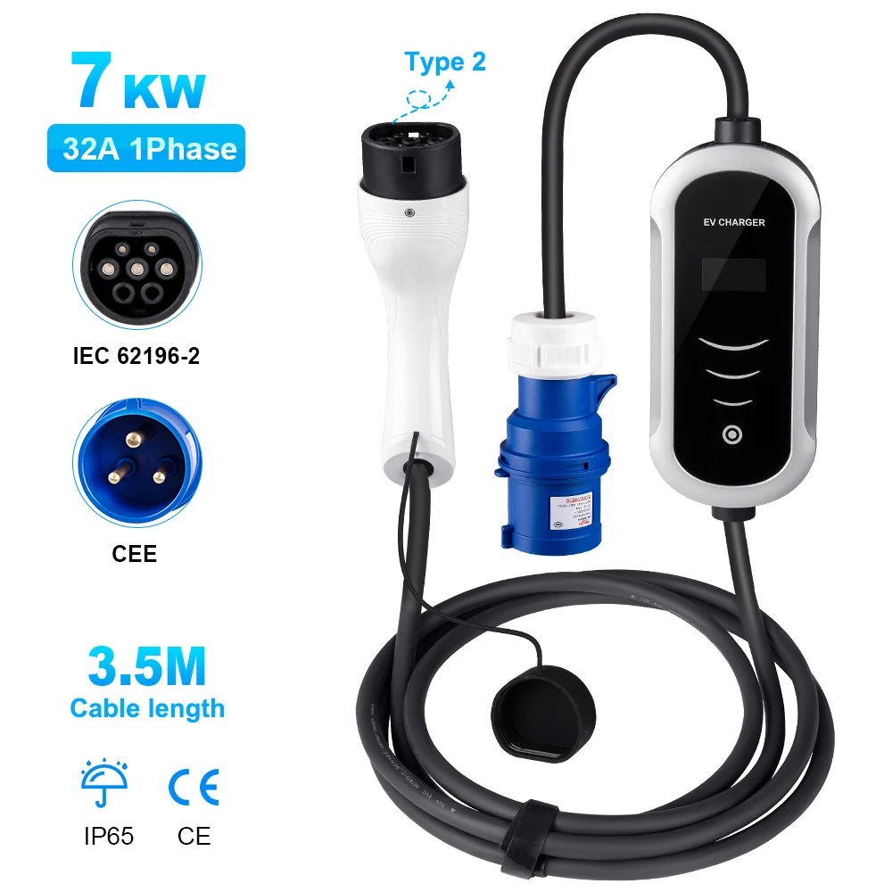 EV taşınabilir şarj tipi 2 tipi 1 GBT 7KW şarj kablosu ayarlanabilir akım için CEE abd ab tak Wallbox elektrikli araç şarj cihazı