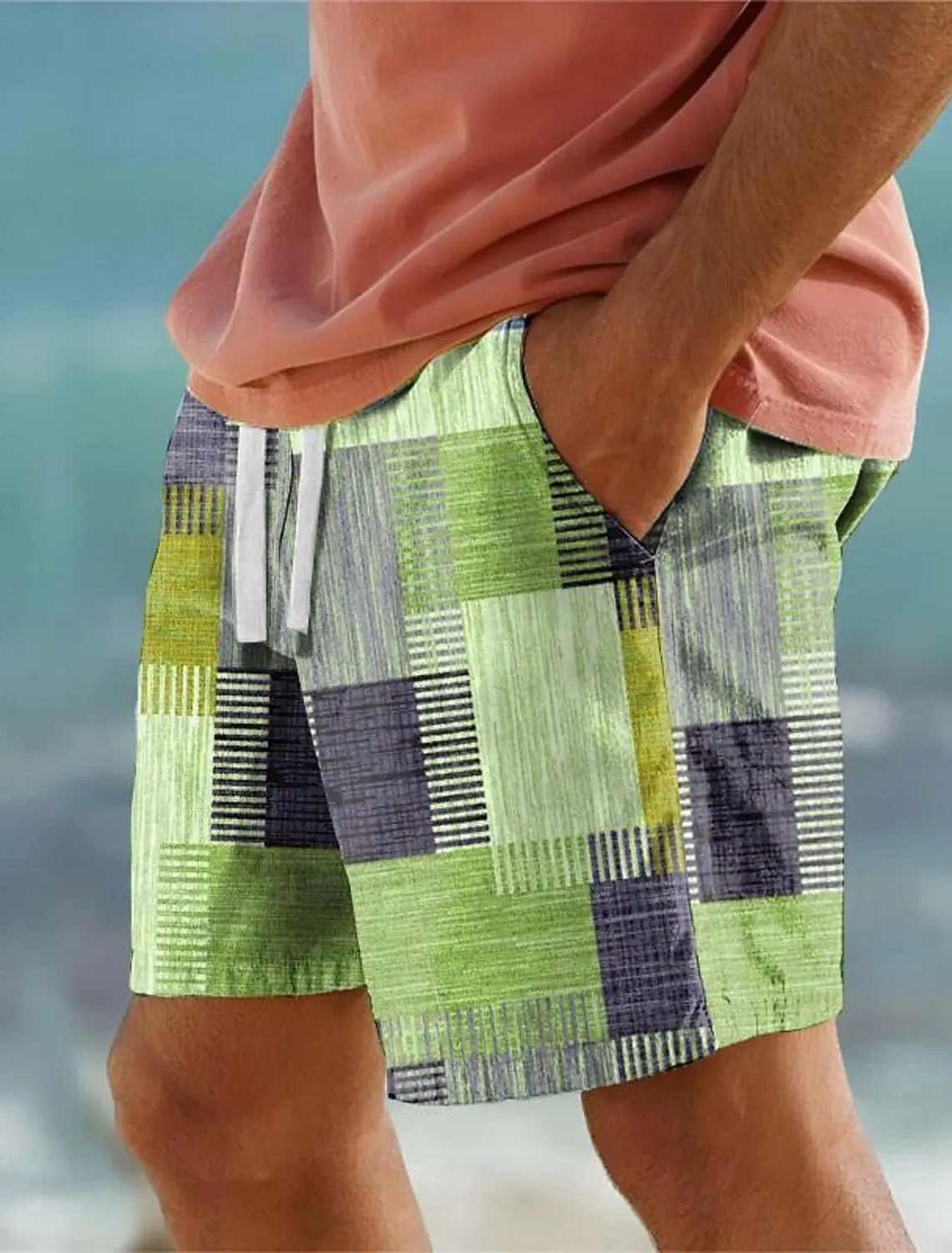 Ekose renk blok erkek tatil 3D baskılı geometri kurulu şort yüzmek mayo elastik İpli Hawaiian tarzı tatil plaj