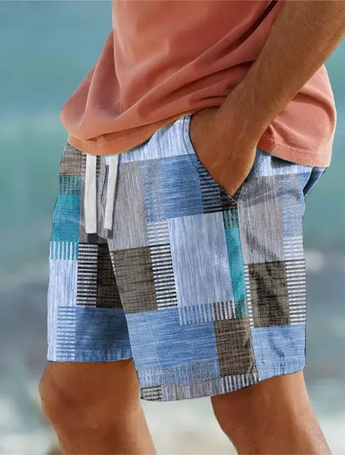Ekose renk blok erkek tatil 3D baskılı geometri kurulu şort yüzmek mayo elastik İpli Hawaiian tarzı tatil plaj