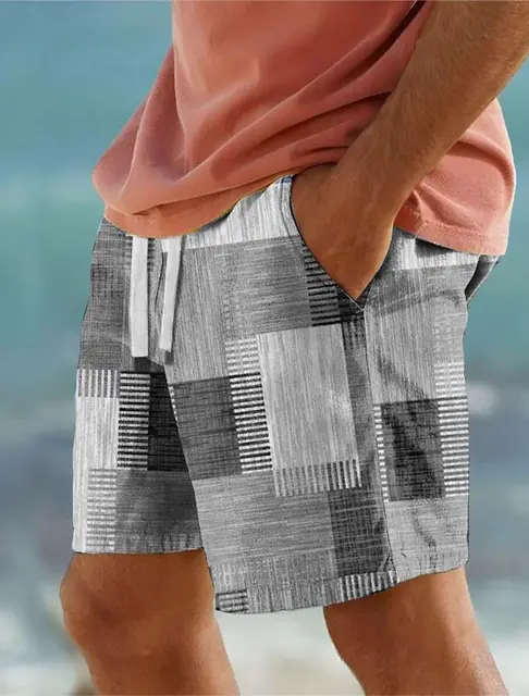 Ekose renk blok erkek tatil 3D baskılı geometri kurulu şort yüzmek mayo elastik İpli Hawaiian tarzı tatil plaj