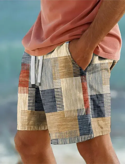 Ekose renk blok erkek tatil 3D baskılı geometri kurulu şort yüzmek mayo elastik İpli Hawaiian tarzı tatil plaj