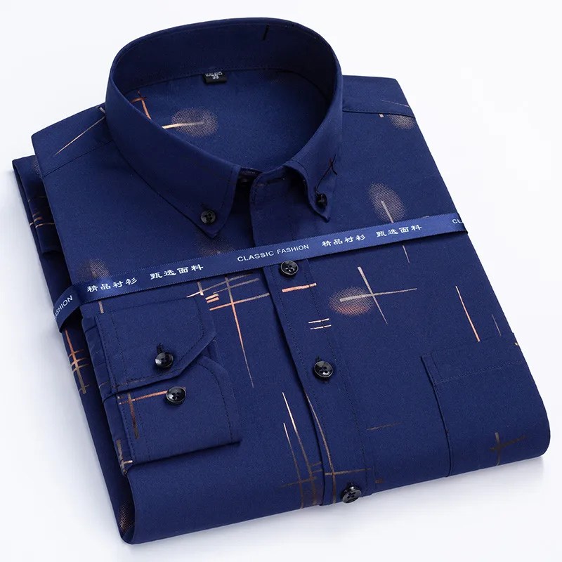 Erkek baskı gömlek bahar uzun kollu elbise yeni tasarım olmayan demir rahat ince streç ekose standart-fit tatil düğün yumuşak Tops - Görsel 2