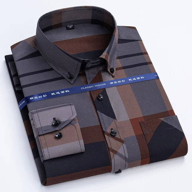 Erkek baskı gömlek bahar uzun kollu elbise yeni tasarım olmayan demir rahat ince streç ekose standart-fit tatil düğün yumuşak Tops