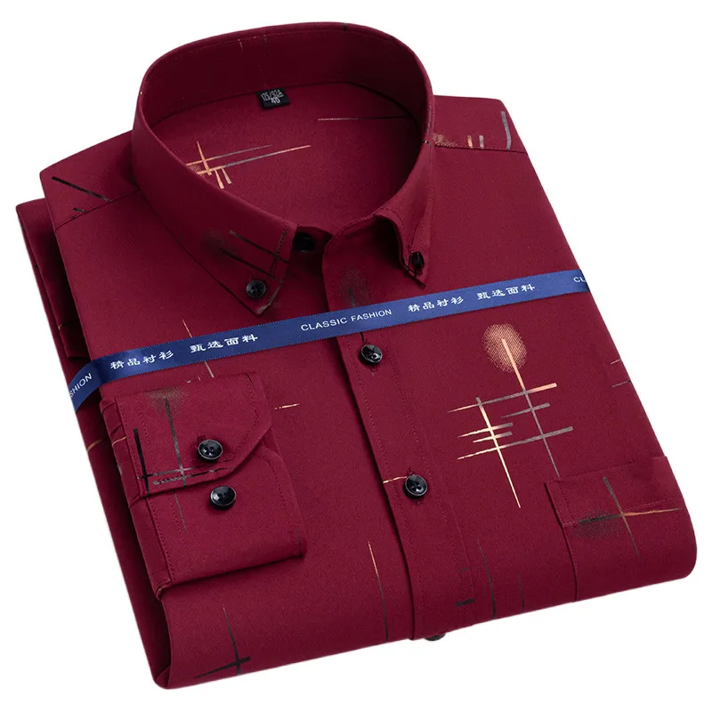 Erkek baskı gömlek bahar uzun kollu elbise yeni tasarım olmayan demir rahat ince streç ekose standart-fit tatil düğün yumuşak Tops