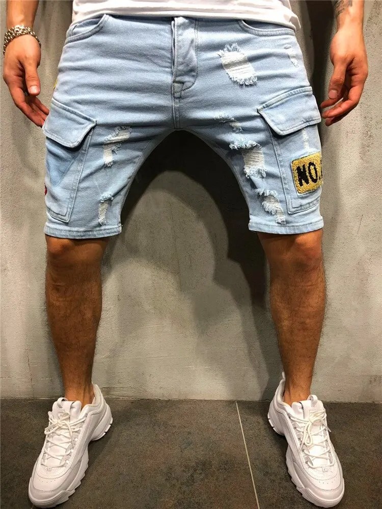 Erkek bo erkek rahat denim şort ile kapak cep sokak tarzı orta boy streç kot anti-eski kargo şort erkekler için