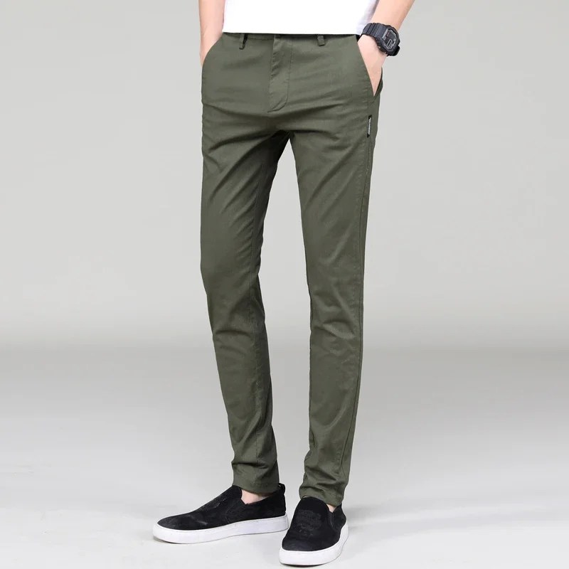 Erkek hafif rahat pantolon Slim Fit klasik düz pantolon yaz pamuk Joggers katı ordu yeşil streç pantolon erkek