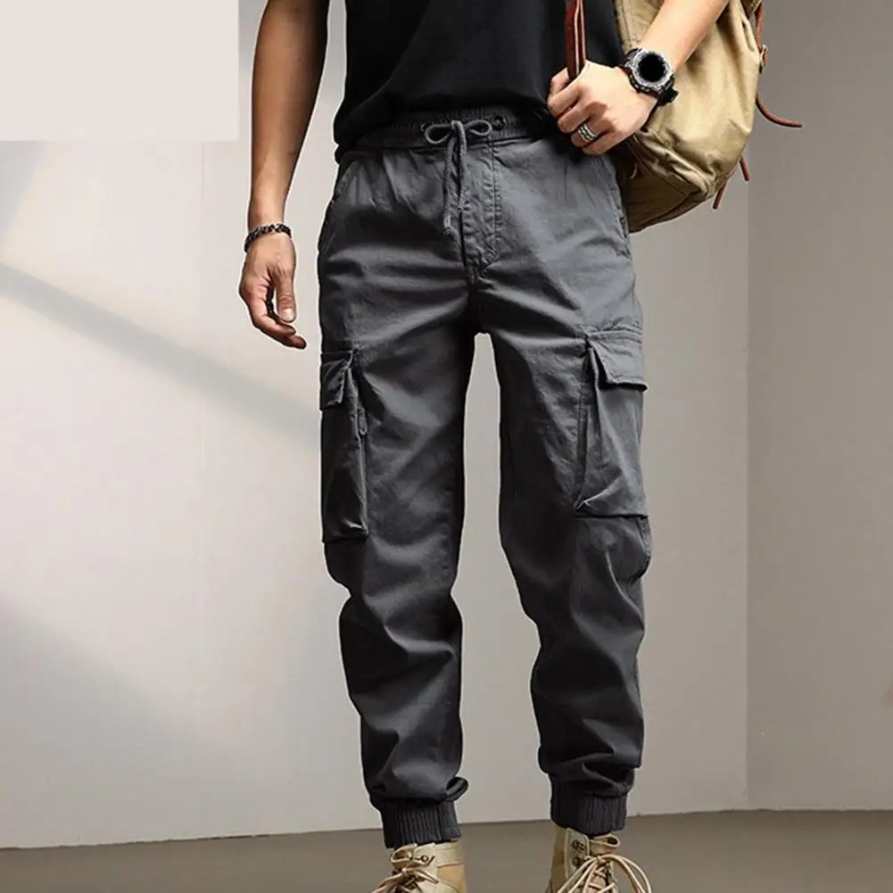 Erkek kargo pantolon ayak bileği bantlı gevşek çok cepler erkekler pantolon İpli elastik bel rahat spor erkek Sweatpants uzun pantolon
