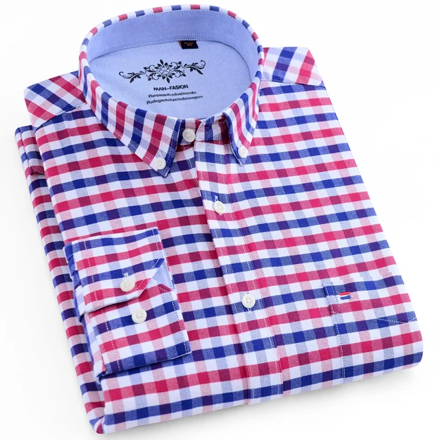 Erkek moda uzun kollu katı Oxford gömlek tek yama cep basit tasarım rahat standart fit düğme-aşağı yaka gömlek
