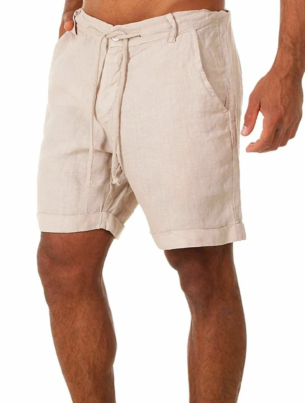Erkek şort rahat şort moda ter şort homme keten düz renk kısa pantolon erkek yaz plaj nefes keten şort - Görsel 5
