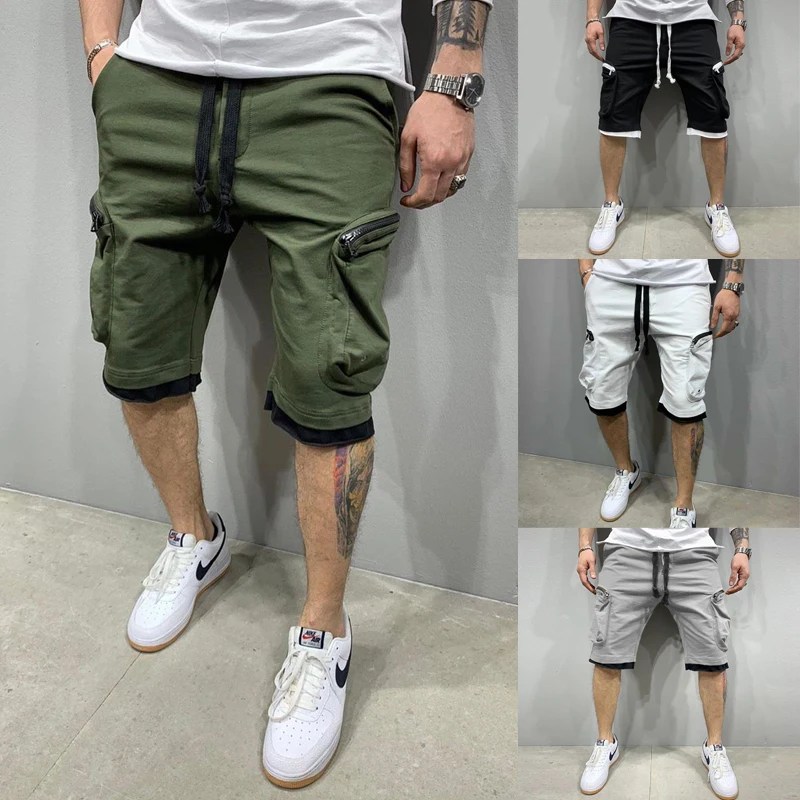 Erkek şort yeni yaz pamuk çift cep fermuarlı kargo pantolon Hip-Hop tarzı rahat pantolon spor spor beş nokta pantolon