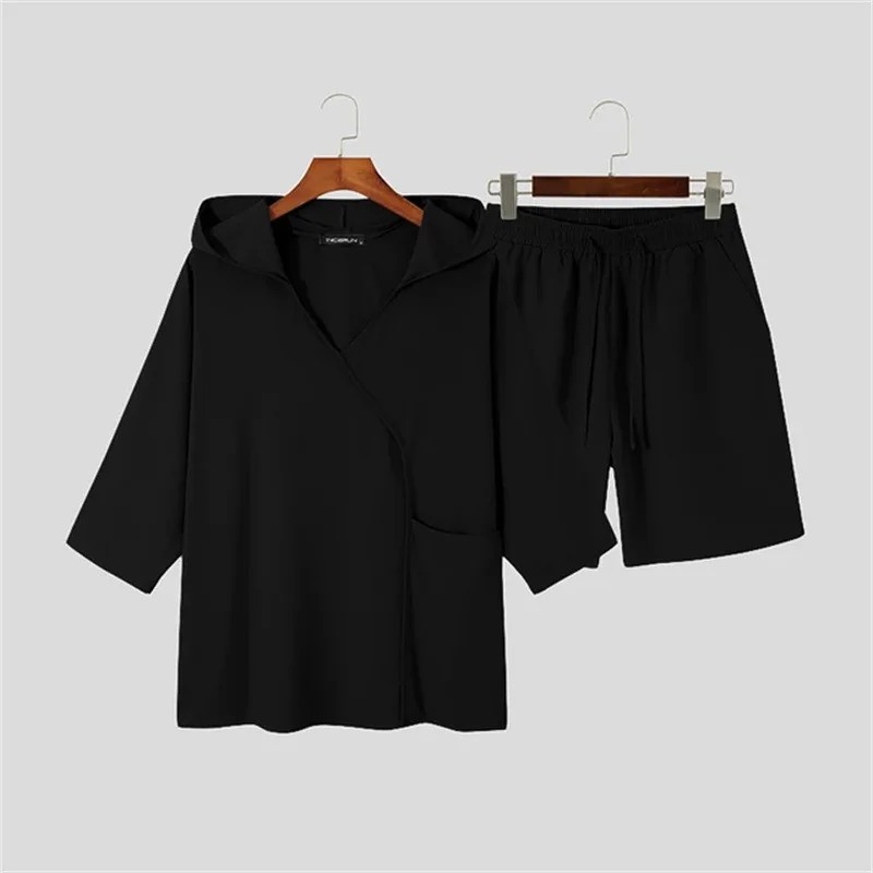 Erkek pamuk keten iki parçalı Set, kısa kollu Hoodie, v yaka T-Shirt, gevşek ev takım elbise, düzensiz şort, monokromatik, yaz - Görsel 5
