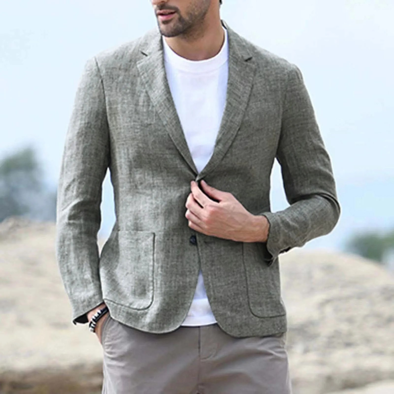 Erkek pamuk keten takım elbise ceket bahar yaz gevşek rahat gri Blazers erkek uzun kollu iş siyah ceket Terno Masculino