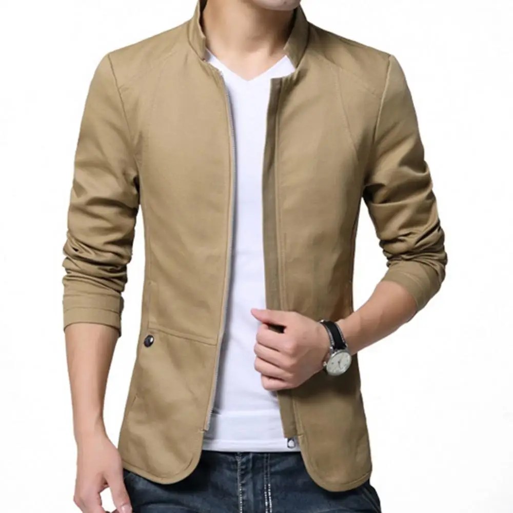 Erkek rahat Blazer erkekler sonbahar düz renk standı yaka fermuar cepler ince ince Blazer ceket ince takım elbise ceket beyler Blazer