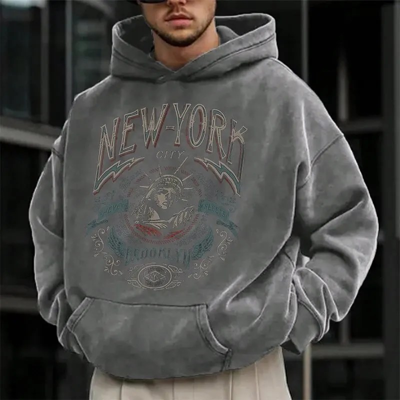 Erkek sonbahar ve kış yeni moda trendi çok yönlü baskı uzun kollu kapüşonlu Sweatshirt - Görsel 1