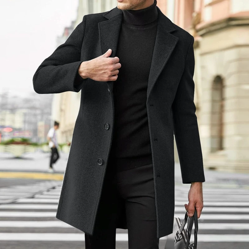 Erkek yün pardösü ceketler Slim Fit siper ceketler siyah renk uzun kollu yaka eğlence iş moda paltolar