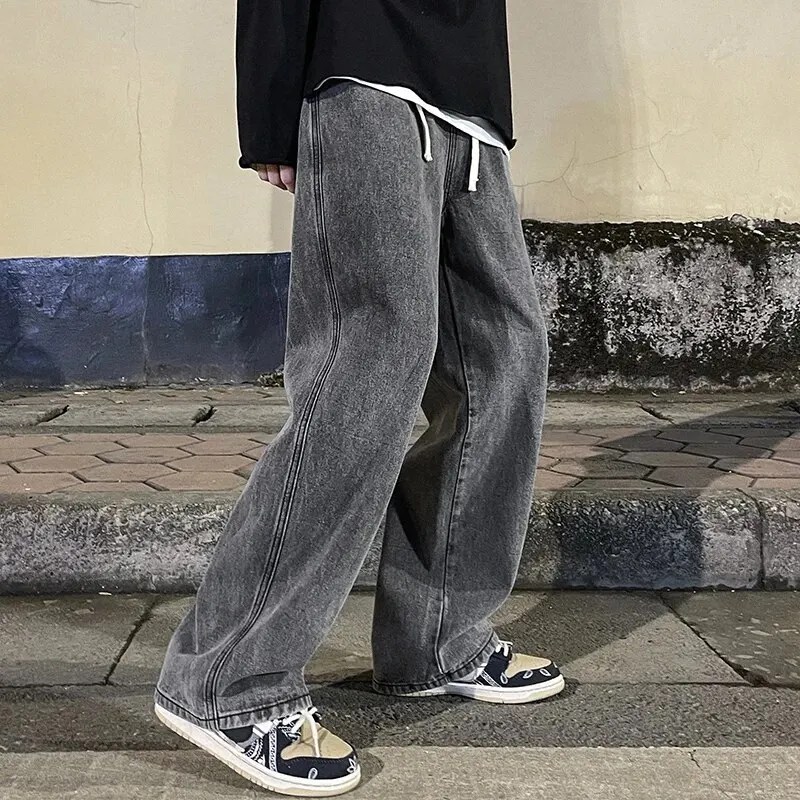 Erkek yeni moda düz renk örtü kot gevşek düz Vintage yüksek sokak Hip-hop Y2K rahat günlük geniş bacak pantolon sürükleyerek