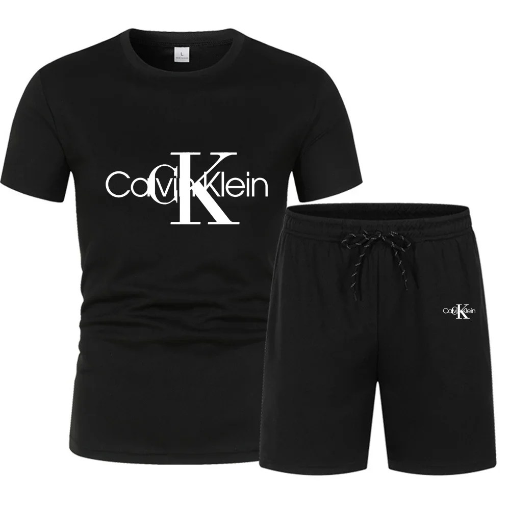 Erkek yeni yaz kısa kollu seti, yuvarlak boyun T-shirt + İpli şort iki parçalı set, mektup baskı, moda rahat spor