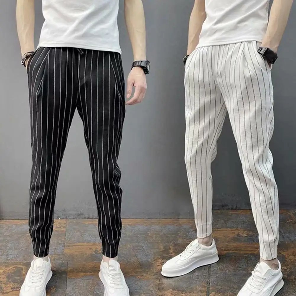 Erkekler Harem pantolon çizgili İpli elastik bel Slim Fit Streetwear bahar sonbahar streç ayak bileği bağlı kalem pantolon için günlük