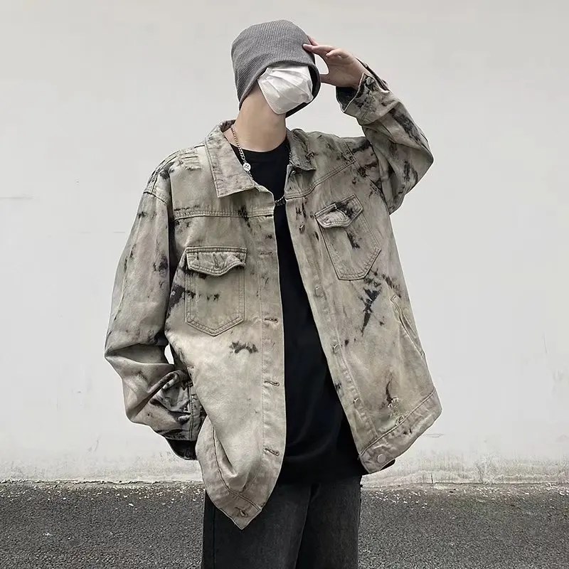 Erkekler gri kravat-boya Denim ceketler mont gevşek Vintage kot ceketler yeni sonbahar Hip Hop Denim palto dış giyim günlük kot mont