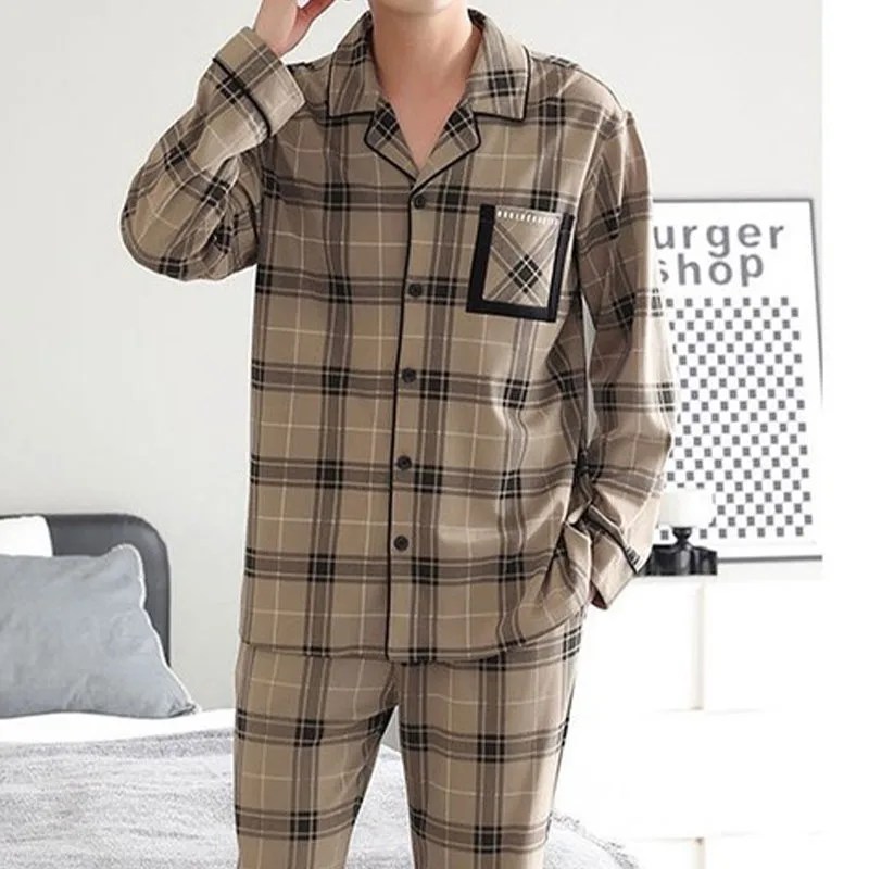 Erkekler için 2024 moda sonbahar mektup baskı pijama setleri ekose pantolon saf pamuk erkek pijama ev giyim salonu kıyafeti Size boyutu