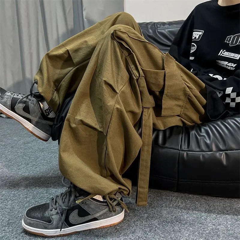 Erkekler için ArmyGreen kargo pantolon boy kargo pantolon erkek yeşil gevşek rahat japon Streetwear Y2k Hip Hop cep büyük boy