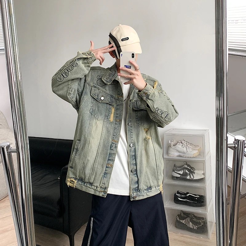 Erkekler için Retro Boro Denim ceketler jakarlı Patchwork uzun kollu düğme aşağı Jean ceket boy bahar giyim ceket A30