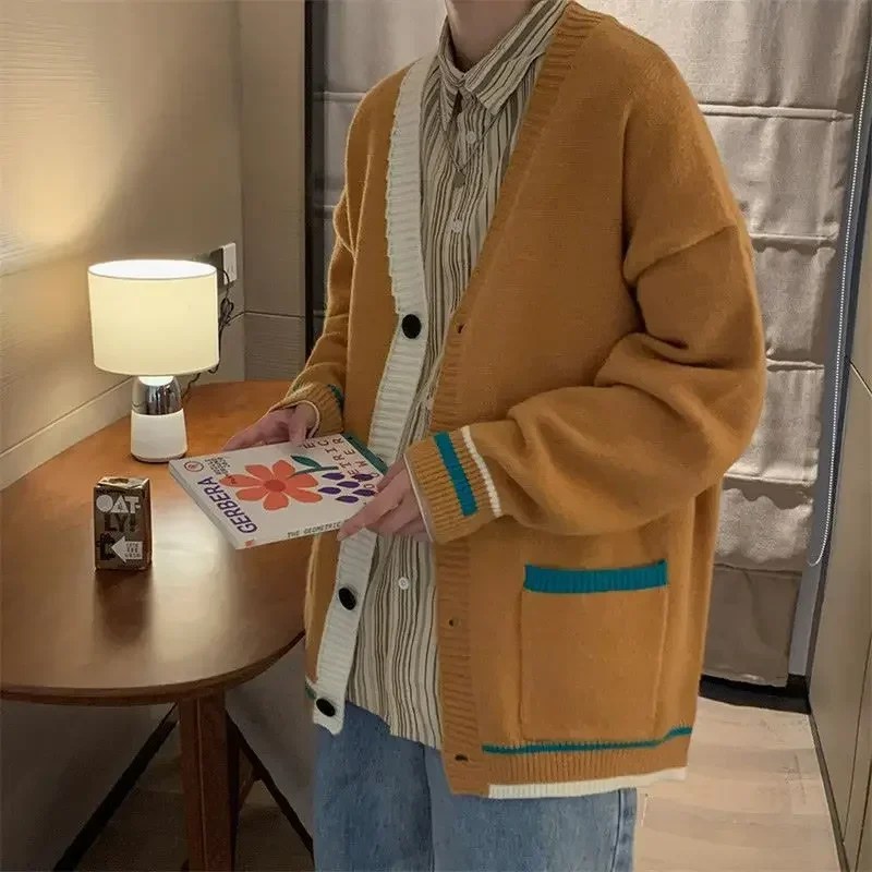 Erkekler için örme kazak mavi ceket adam giysileri hırka V boyun ceket Patchwork bahar sonbahar bir japon Harajuku moda yün X
