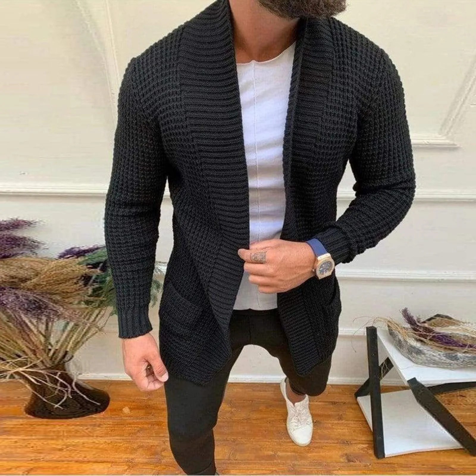 Erkekler çizgili örme hırka iş rahat uzun kollu örgü ceket bahar sonbahar düz renk moda erkek uzun kazak