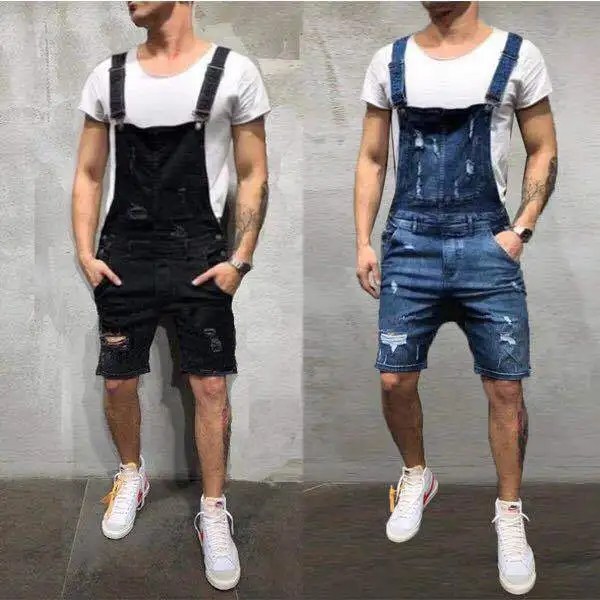 Erkekler tulum oyun makineleri Denim tek parça kot şort tulum yıkama Slim Fit delik cepler sıkıntılı eklenmiş Streetwear 2024