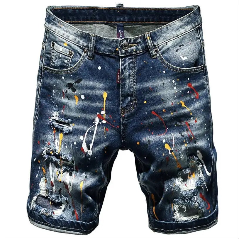 Erkekler yaz mavi şort kot delikler kot şort boya rahat Streetwear Jeasn şort yüksek kaliteli erkekler Slim Fit streç kot 38