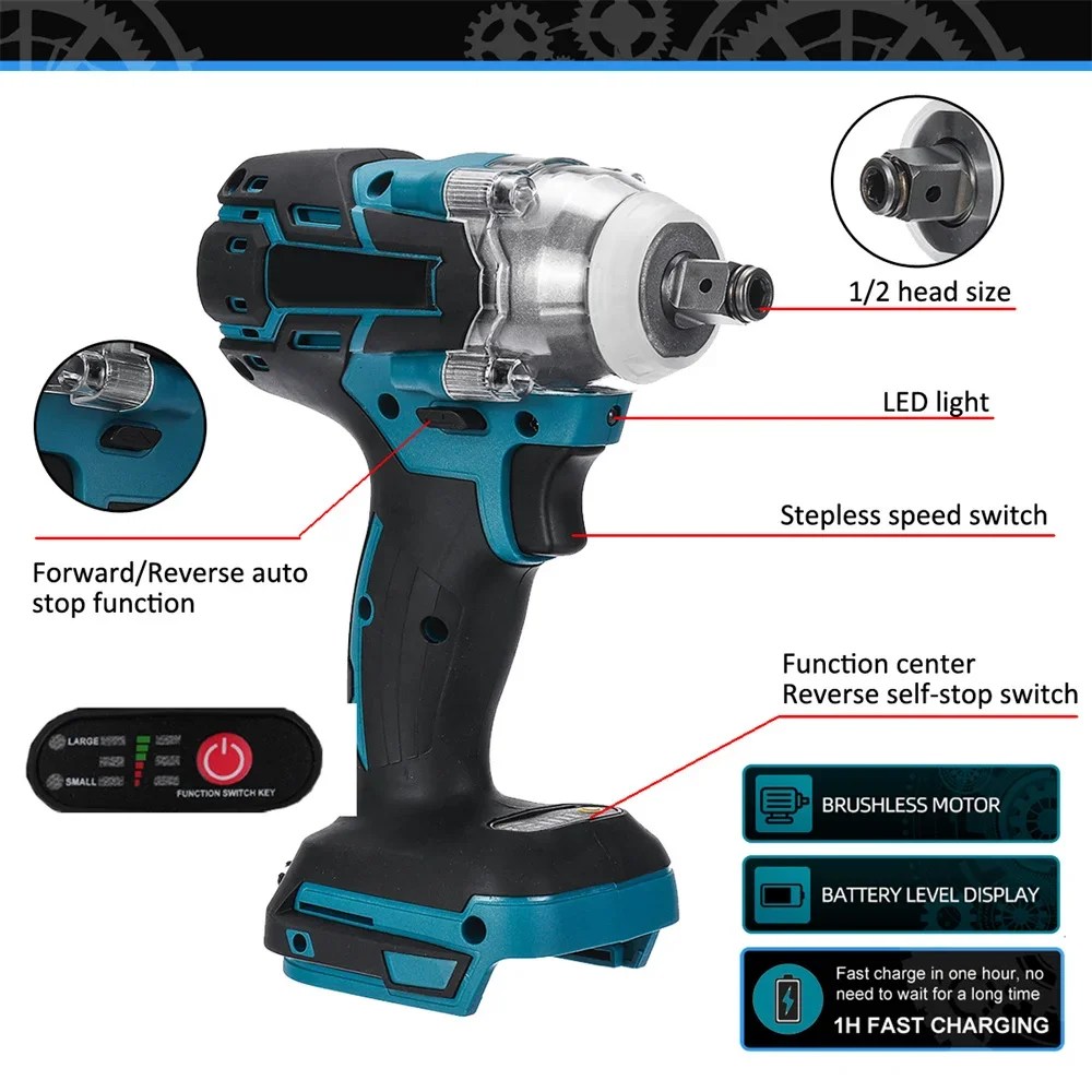Fırçasız akülü elektrikli darbeli anahtar şarj edilebilir darbe anahtarı 18V Makita pil adapte kademesiz hız değişimi anahtarı - Görsel 3
