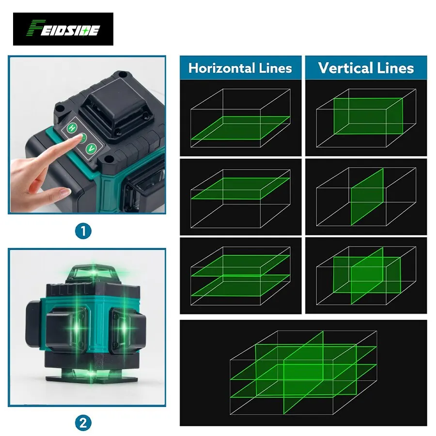 FEIDSIDE 16/12 satır 4D lazer seviyesi yeşil hat SelfLeveling 360 yatay ve dikey süper güçlü lazer seviyesi yeşil ışın