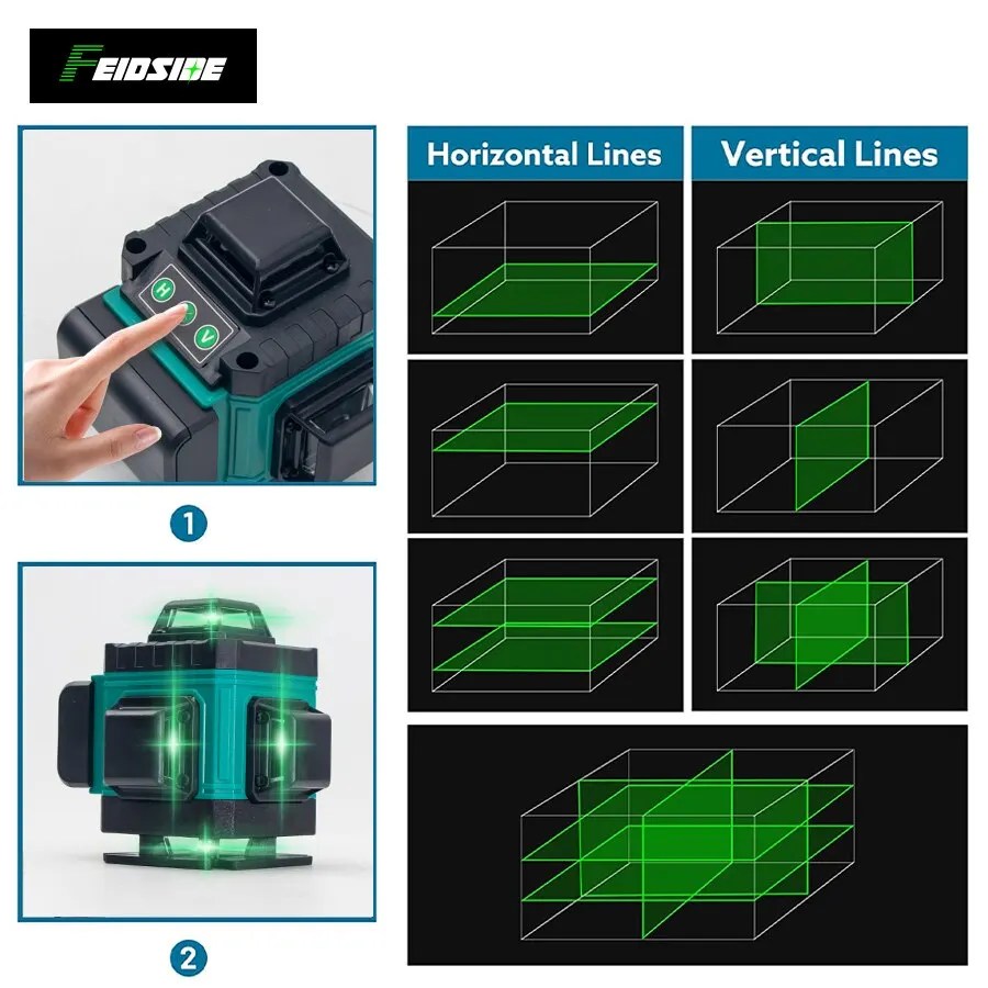 FEIDSIDE 16/12 satır 4D lazer seviyesi yeşil hat SelfLeveling 360 yatay ve dikey süper güçlü lazer seviyesi yeşil ışın - Görsel 6