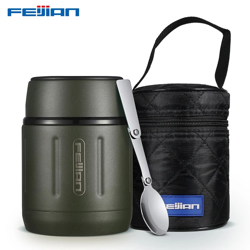 FEIJIAN 500ml gıda termos, kaşık 316 ile gıda kavanozu paslanmaz çelik vakum yalıtımlı çocuk beslenme çantası