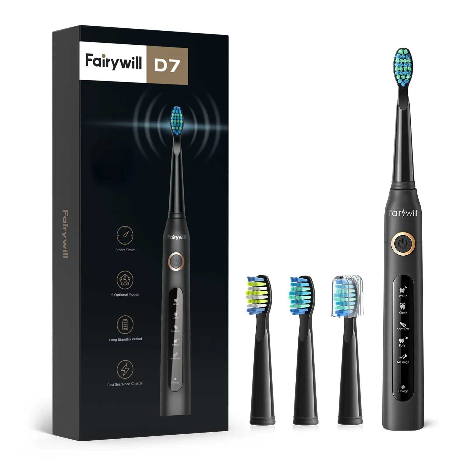 Fairywill elektrikli sonik diş fırçası USB şarj FW-507 şarj edilebilir su geçirmez elektronik diş fırçaları yedek kafaları yetişkin