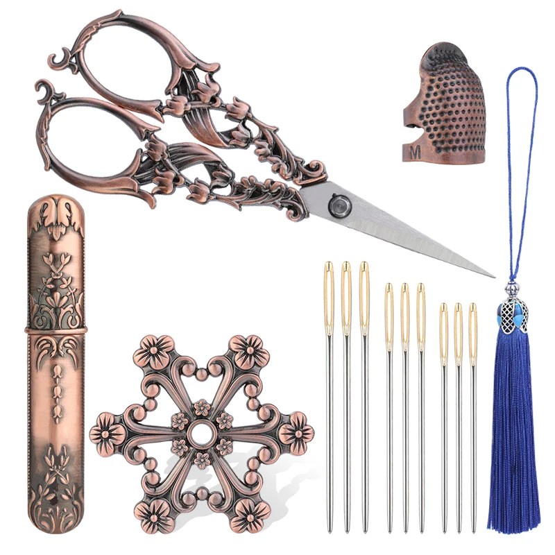 Fenrry nakış aracı Set Vintage makas Threader yüksük iğne durumda dikiş kitleri avrupa Retro antika zanaat aracı