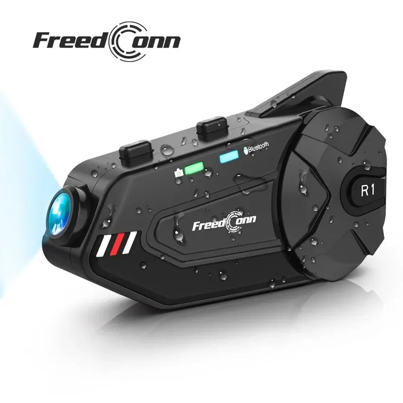 Freedconn R1 artı motosiklet interkom kask Dash kamera Bluetooth kulaklıklar Handsfree Communicator Video kayıt 1080P interkom