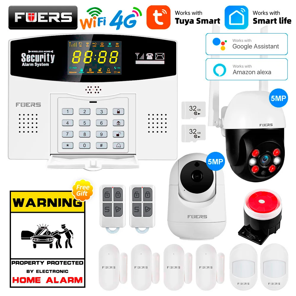 Fuers Tuya akıllı WIFI 4G GSM Alarm sistemi hırsız Alarm 433MHZ kablosuz kablolu bölge bağlantı Alexa Google hareket sensörü IP kamera