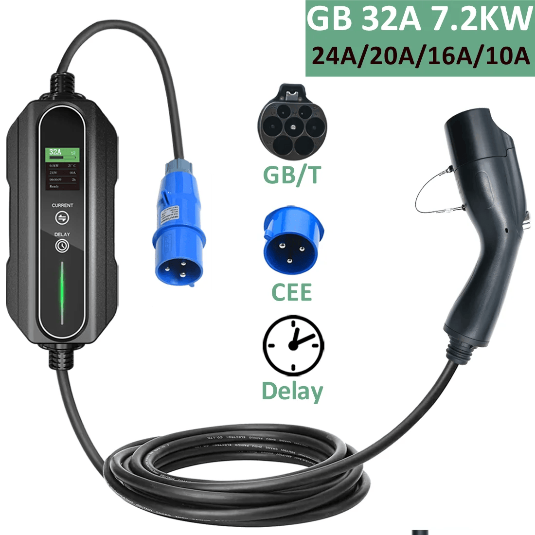 GBT araba şarjı 32A tek fazlı 7.2KW zamanlama Protable elektrikli araç şarjı akım ayarlanabilir elektrikli araç şarj istasyonu 5M kablo