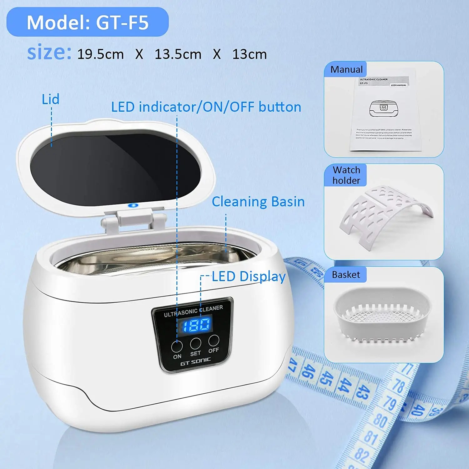 GTSONIC 600ml ultrasonik temizleyici 35W Sonicator banyo saatler için 43kHz kontakt Lens gözlük protez diş elektrikli makyaj jilet